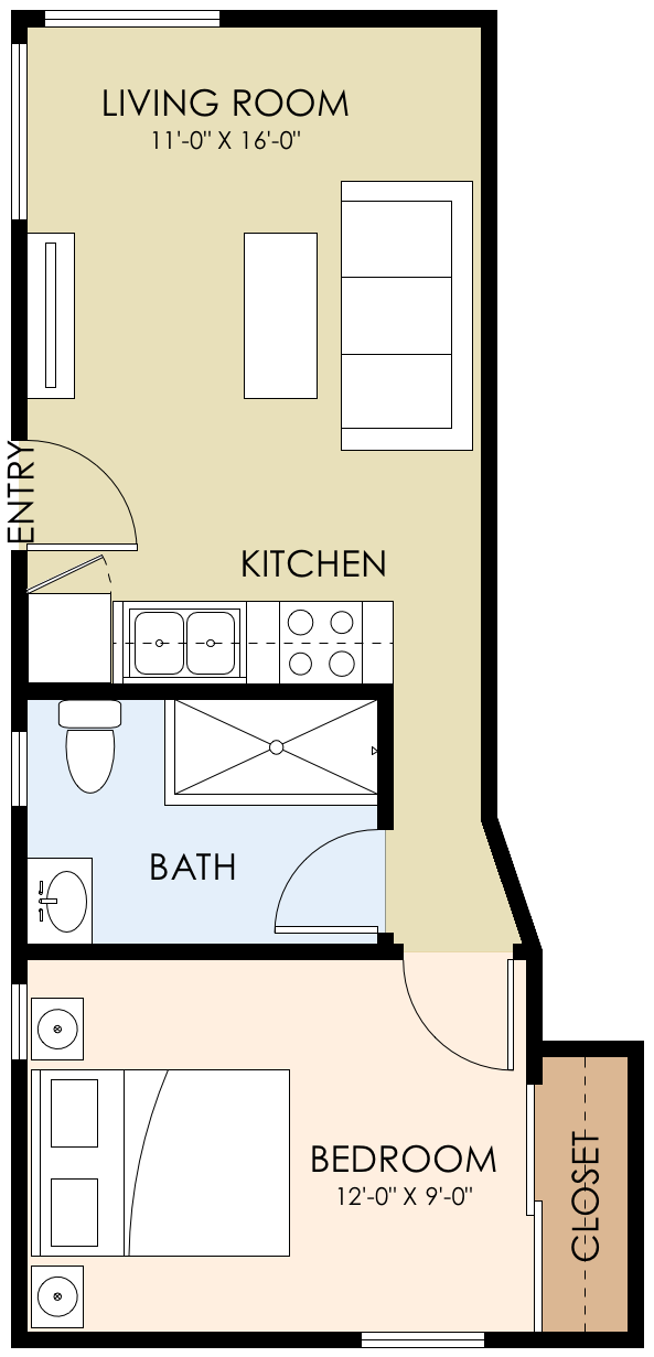 One Bedroom One Bath 375 Sq Ft
